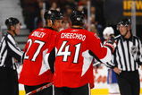 OTTAWA - SEPTEMBER 19:  Alex Kovalev #27 and Jonathan Cheechoo #41 of the Ottawa Senators discuss strategy during a preseason game against the Montreal Canadiens at Scotiabank Place on September 19, 2009 in Ottawa, Canada.  The Ottawa Senators defeated the Montreal Canadiens 6-1. (Photo by Phillip MacCallum/Getty Images)