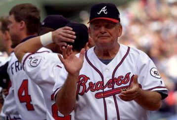 12 Oct 2001:  Bobby Cox manager of the Atlanta Braves applauds the Houston Astros prior to the game as the Braves defeated the Houston Astros 6-2 in game three of the National League Division Series at Turner Field in Atlanta, Georgia. The Braves advance to the National League Championship Series. <<<DIGITAL IMAGE>> Mandatory Credit: Doug Pensinger/ALLSPORT