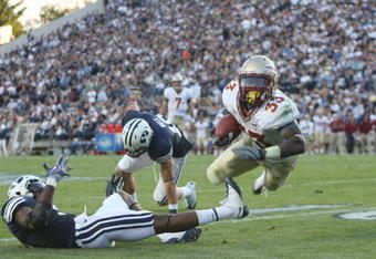 PROVO - SEPTEMBER 19:  Ty Jones #33 of the Florida State Seminoles goes down after a play against the Brigham Young Cougars at La Vell Edwards Stadium on September 19, 2009 in Provo, Utah.  (Photo by Melissa Majchrzak/Getty Images)