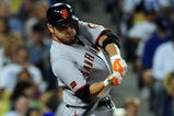 LOS ANGELES, CA - SEPTEMBER 18:  Freddy Sanchez #21 of the San Francisco Giants hits a single in the fifth inning against the Los Angeles Dodgers at Dodger stadium on September 18, 2009 in Los Angeles, California.  (Photo by Jacob de Golish/Getty Images)