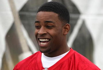 SANTA CLARA, CA - MAY 01:  Michael Crabtree #15 of the San Francisco 49ers looks on at practice during the 49ers Minicamp at their training facilities on May 1, 2009 in Santa Clara, California. Crabtree was the 49ers first round draft pick.  (Photo by Jed Jacobsohn/Getty Images)
