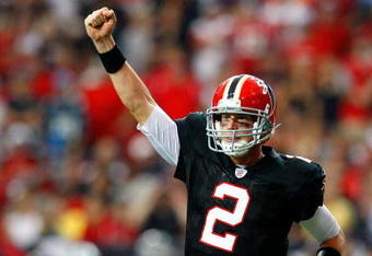 ATLANTA - SEPTEMBER 20:  Quarterback Matt Ryan #2 of the Atlanta Falcons celebrates a touchdown against the Carolina Panthers at Georgia Dome on September 20, 2009 in Atlanta, Georgia.  (Photo by Kevin C. Cox/Getty Images)