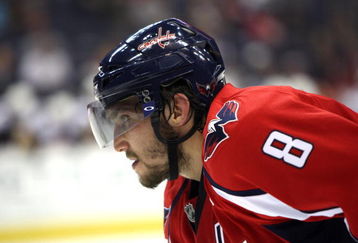 WASHINGTON - SEPTEMBER 21: Alex Ovechkin #8 of the Washington Capitals looks on during a faceoff against the Buffalo Sabres during an NHL preseason hockey game on September 21, 2009 at the Verizon Center in Washington, DC.. (Photo by Ned Dishman/Getty Images)