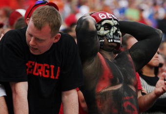JACKSONVILLE, FL - NOVEMBER 01: Georgia fans react as the Florida Gators build up a large lead in the third quarter against the Georgia Bulldogs at Jacksonville Municipal Stadium on November 1, 2008 in Jacksonville, Florida. Florida defeated Georgia 49-10.  (Photo by Doug Benc/Getty Images)