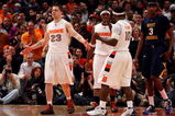 NEW YORK - MARCH 13: Eric Devendorf #23, Paul Harris #11 and Jonny Flynn #10 of the Syracuse Orange react on the court late in the game while Devin Ebanks #3 of the West Virginia Mountaineers looks on during the semifinal round of the Big East Tournament at Madison Square Garden on March 13, 2009 in New York City.  (Photo by Jim McIsaac/Getty Images)
