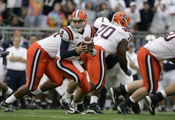 STATE COLLEGE, PA - SEPTEMBER 12: Quarterback Greg Paulus #2 of the Syracuse Orangemen looks to hand off the ball during the first half against the Penn State Nittany Lions at Beaver Stadium  September 12, 2009 in State College, Pennsylvania. (Photo by Chris Gardner/Getty Images)