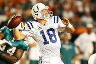 MIAMI - SEPTEMBER 21:  Quarterback Peyton Manning #18 of the Indianapolis Colts throws a pass against the Miami Dolphins at Land Shark Stadium on September 21, 2009 in Miami, Florida.  (Photo by Doug Benc/Getty Images)