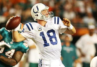 MIAMI - SEPTEMBER 21:  Quarterback Peyton Manning #18 of the Indianapolis Colts throws a pass against the Miami Dolphins at Land Shark Stadium on September 21, 2009 in Miami, Florida.  (Photo by Doug Benc/Getty Images)