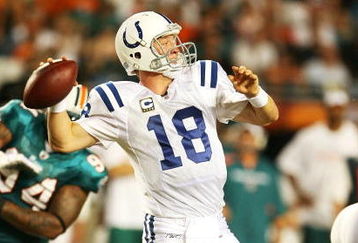 MIAMI - SEPTEMBER 21:  Quarterback Peyton Manning #18 of the Indianapolis Colts throws a pass against the Miami Dolphins at Land Shark Stadium on September 21, 2009 in Miami, Florida.  (Photo by Doug Benc/Getty Images)