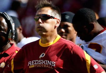 LANDOVER, MD - SEPTEMBER 20:  Head coach Jim Zorn of the Washington Redskins exhales as his team runs out the clock against the St. Louis Rams during their game on September 20, 2009 at FedEx Field in Landover, Maryland.  The Redskins defeated the Rams by a score of 9-7.  (Photo by Win McNamee/Getty Images)