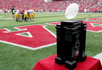 LINCOLN, NE - SEPTEMBER 15:  The Bowl Championship Trophy looms in the endzone as the USC Trojans prepare for their game against the Nebraska Cornhuskers on September 15, 2007 at Memorial Stadium in Lincoln, Nebraska.  (Photo by Matthew Stockman/Getty Images)