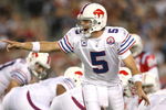 FOXBORO, MA - SEPTEMBER 14:  Quarterback Trent Edwards #5 of the Buffalo Bills calls a play during the third quarter against the New England Patriots on September 14, 2009 at Gillette Stadium in Foxboro, Massachusetts. (Photo by Elsa/Getty Images)