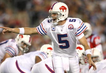 FOXBORO, MA - SEPTEMBER 14:  Quarterback Trent Edwards #5 of the Buffalo Bills calls a play during the third quarter against the New England Patriots on September 14, 2009 at Gillette Stadium in Foxboro, Massachusetts. (Photo by Elsa/Getty Images)