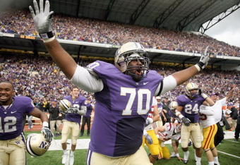SEATTLE - SEPTEMBER 19: Offensive guard Morgan Rosborough #70 of the Washington Huskies celebrates as time expires against the USC Trojans on September 19, 2009 at Husky Stadium in Seattle, Washington. The Huskies defeated the Trojans 16-13. (Photo by Otto Greule Jr/Getty Images)
