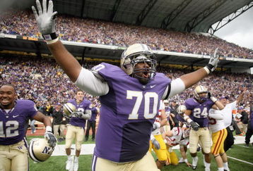 SEATTLE - SEPTEMBER 19: Offensive guard Morgan Rosborough #70 of the Washington Huskies celebrates as time expires against the USC Trojans on September 19, 2009 at Husky Stadium in Seattle, Washington. The Huskies defeated the Trojans 16-13. (Photo by Otto Greule Jr/Getty Images)