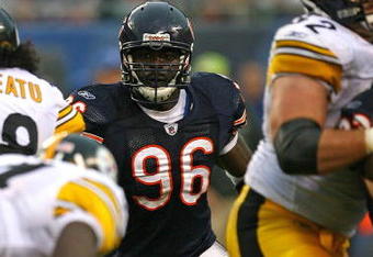 CHICAGO - SEPTEMBER 20: Alex Brown #96 of the Chicago Bears watches a play develop against the Pittsburgh Steelers on September 20, 2009 at Soldier Field in Chicago, Illinois. The Bears defeated the Steelers 17-14. (Photo by Jonathan Daniel/Getty Images)