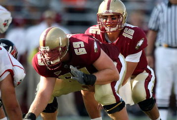 CHESTNUT HILL, MA - SEPTEMBER 05:  Mike Marscovetra #16 of the Boston College Eagles calls out the play behind Mark Spinney #69 in the second half against the Northeastern Huskies on September 5, 2009 at Alumni Stadium in Chestnut Hill, Massachusetts.  (Photo by Elsa/Getty Images)