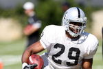 NAPA, CA - AUGUST 05: Michael Bush #29 runs with the ball during the Oakland Raiders Training Camp at the Napa Valley Marriott on August 5, 2009 in Napa, California.  (Photo by Jed Jacobsohn/Getty Images)