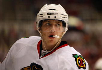 DETROIT - MAY 27:  Patrick Kane #88 of the Chicago Blackhawks looks on against the Detroit Red Wings during Game Five of the Western Conference Championship Round of the 2009 Stanley Cup Playoffs on May 27, 2009 at Joe Louis Arena in Detroit, Michigan.  (Photo by Gregory Shamus/Getty Images)