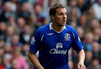 BIRMINGHAM, ENGLAND - APRIL 12: Phil Jagielka of Everton in action during the Premier League  match between Aston Villa and Everton at Villa Park on April 12, 2009 in Birmingham, England.  (Photo by Stu Forster/Getty Images)