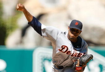 ANAHEIM, CA - AUGUST 26:  Edwin Jackson #36 of the Detroit Tigers pitches against the Los Angeles Angels of Anaheim at Angel Stadium on August 26, 2009 in Anaheim, California.  (Photo by Jeff Gross/Getty Images)
