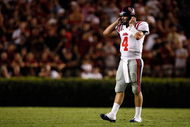COLUMBIA, SC - SEPTEMBER 24:  Jevan Snead #4 of the Ole Miss Rebels walks off the field against the South Carolina Gamecocks during their game at Williams-Brice Stadium on September 24, 2009 in Columbia, South Carolina.  (Photo by Streeter Lecka/Getty Images)