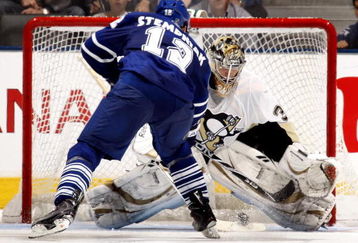 TORONTO - SEPTEMBER 22:  Lee Stempniak #12 of the Toronto Maple Leafs scores on John Curry #36 of the Pittsburgh Penguins in the shoot-out during a pre-season  NHL game at the Air Canada Centre on September 22, 2009 in Toronto, Ontario, Canada .  (Photo by Abelimages/Getty Images)