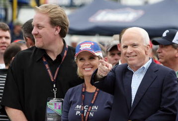 LOUDON, NH - SEPTEMBER 14:  (L-R) Curt Schilling, Shonda Schilling stand by as republican presidential candidate John McCain waves to fans with his wife Cindy McCain before the start of the NASCAR Sprint Cup Series Sylvania 300 at New Hampshire Motor Speedway on September 14, 2008 in Loudon, New Hampshire.  (Photo by Elsa/Getty Images)