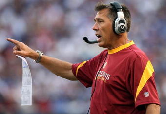 EAST RUTHERFORD, NJ - SEPTEMBER 13:  Head coach Jim  Zorn of the Washington Redskins shouts to his team as they play against the New York Giants on September 13, 2009 at Giants Stadium in East Rutherford, New Jersey.  (Photo by Jim McIsaac/Getty Images)