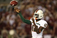 TALLAHASSEE, FL - SEPTEMBER 07:  Quarterback Jacory Harris #12 of the Miami Hurricanes throws a pass against the Florida State Seminoles at Doak Campbell Stadium on September 7, 2009 in Tallahassee, Florida.  (Photo by Doug Benc/Getty Images)