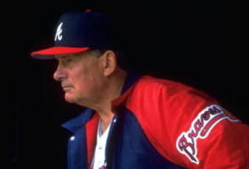 7 Apr 1994: ATLANTA BRAVES MANAGER BOBBY COX IN THE DUGOUT DURING THE BRAVES VERSUS SAN DIEGO PADRES GAME AT JACK MURPHY STADIUM IN SAN DIEGO, CALIFORNIA.
