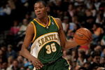 DENVER - MARCH 16:  Kevin Durant #35 of the Seattle SuperSonics controls the ball against the Denver Nuggets at the Pepsi Center on March 16, 2008 in Denver, Colorado. The Nuggets defeated the Sonics 168-116. NOTE TO USER: User expressly acknowledges and agrees that, by downloading and or using this photograph, user is consenting to the term and conditions of the Getty Images License Agreement.  (Photo by Doug Pensinger/Getty Images)