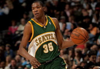 DENVER - MARCH 16:  Kevin Durant #35 of the Seattle SuperSonics controls the ball against the Denver Nuggets at the Pepsi Center on March 16, 2008 in Denver, Colorado. The Nuggets defeated the Sonics 168-116. NOTE TO USER: User expressly acknowledges and agrees that, by downloading and or using this photograph, user is consenting to the term and conditions of the Getty Images License Agreement.  (Photo by Doug Pensinger/Getty Images)