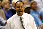 GREENSBORO, NC - MARCH 19:  Head coach Kevin Broadus of the Binghamton Bearcats yells after a call during the first round of the NCAA Division I Men's Basketball Tournament against the Duke Blue Devils at the Greensboro Coliseum on March 19, 2009 in Greensboro, North Carolina.  (Photo by Streeter Lecka/Getty Images)