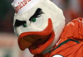 CORAL GABLES, FL - NOVEMBER 10:  Sebastian the Ibus gets the crowd going during a stoppage in play as the Virginia Cavaliers take on the Miami Hurricanes at the Orange Bowl on November 10, 2007 in Coral Gables, Florida. The Hurricanes played their last game in the Orange Bowl as Virginia defeated Miami 48-0.  (Photo by Doug Benc/Getty Images)