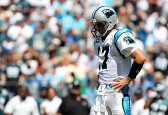 CHARLOTTE, NC - SEPTEMBER 13:  Quarterback Jake Delhomme #17 of the Carolina Panthers stands on the field in the second half of the NFL season opener against the Philadelphia Eagles at Bank of America Stadium on September 13, 2009 in Charlotte, North Carolina.  (Photo by Streeter Lecka/Getty Images)