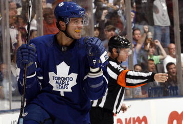 TORONTO - SEPTEMBER 22:  Viktor Stahlberg #45 of the Toronto Maple Leafs celebrates goal during a pre-season  NHL game at the Air Canada Centre on September 22, 2009 in Toronto, Ontario, Canada .  (Photo by Abelimages/Getty Images)