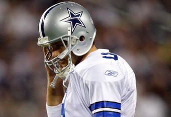 ARLINGTON, TX - SEPTEMBER 20:  Quarterback Tony Romo #9 of the Dallas Cowboys walks off the field during play against the New York Giants at Cowboys Stadium on September 20, 2009 in Arlington, Texas.  (Photo by Ronald Martinez/Getty Images)