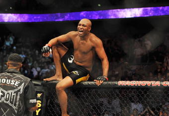 PHILADELPHIA - AUGUST 08:  Anderson Silva celebrates after defeating Forrest Griffin during their light heavyweight bout at UFC 101: Declaration at the Wachovia Center on August 8, 2009 in Philadelphia, Pennsylvania.  (Photo by Jon Kopaloff/Getty Images)