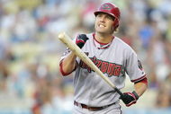 LOS ANGELES - JULY 31:   Mark Reynolds #27 of the Arizona Diamondbacks reacts while at bat against the Los Angeles Dodgers at Dodger Stadium on July 31, 2008 in Los Angeles, California.  (Photo by Lisa Blumenfeld/Getty Images)