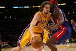 LOS ANGELES, CA - NOVEMBER 14:  Pau Gasol #16 of the Los Angeles Lakers drives around Kwame Brown #38 of the Detroit Pistons on November 14, 2008 at Staples Center in Los Angeles, California. The Pistons won 106-95.   NOTE TO USER: User expressly acknowledges and agrees that, by downloading and/or using this Photograph, user is consenting to the terms and conditions of the Getty Images License Agreement.  (Photo by Stephen Dunn/Getty Images)