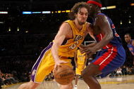 LOS ANGELES, CA - NOVEMBER 14:  Pau Gasol #16 of the Los Angeles Lakers drives around Kwame Brown #38 of the Detroit Pistons on November 14, 2008 at Staples Center in Los Angeles, California. The Pistons won 106-95.   NOTE TO USER: User expressly acknowledges and agrees that, by downloading and/or using this Photograph, user is consenting to the terms and conditions of the Getty Images License Agreement.  (Photo by Stephen Dunn/Getty Images)