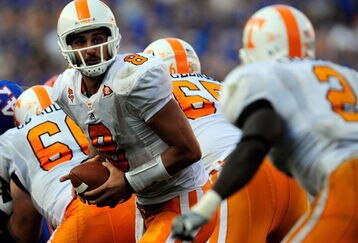 GAINESVILLE, FL - SEPTEMBER 19:  Jonathan Crompton #8 of the Tennessee Volunteers attempts a hand off during the game against the Florida Gators at Ben Hill Griffin Stadium on September 19, 2009 in Gainesville, Florida.  (Photo by Sam Greenwood/Getty Images)
