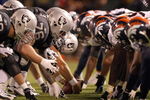 OAKLAND, CA - SEPTEMBER 8:  The Denver Broncos defense line up against the Oakland Raiders offense during the NFL game against the Oakland Raiders on September 8, 2008 at McAfee Coliseum in Oakland, California. The Broncos defeated the Raiders 41-14. (Photo by Jed Jacobsohn/Getty Images)