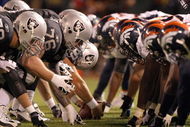 OAKLAND, CA - SEPTEMBER 8:  The Denver Broncos defense line up against the Oakland Raiders offense during the NFL game against the Oakland Raiders on September 8, 2008 at McAfee Coliseum in Oakland, California. The Broncos defeated the Raiders 41-14. (Photo by Jed Jacobsohn/Getty Images)