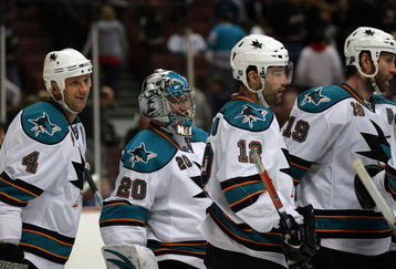 ANAHEIM, CA - MARCH 15:  Rob Blake #4, goaltender Evgeni Nabokov #20, Patrick Marleau #12 and Joe Thornton #19 of the San Jose Sharks skate to the bench after defeating the Anaheim Ducks 1-0 in their NHL game at Honda Center on March 15, 2009 in Anaheim, California. The Sharks shutout the Ducks 1-0.  (Photo by Victor Decolongon/Getty Images)