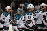 ANAHEIM, CA - MARCH 15:  Rob Blake #4, goaltender Evgeni Nabokov #20, Patrick Marleau #12 and Joe Thornton #19 of the San Jose Sharks skate to the bench after defeating the Anaheim Ducks 1-0 in their NHL game at Honda Center on March 15, 2009 in Anaheim, California. The Sharks shutout the Ducks 1-0.  (Photo by Victor Decolongon/Getty Images)