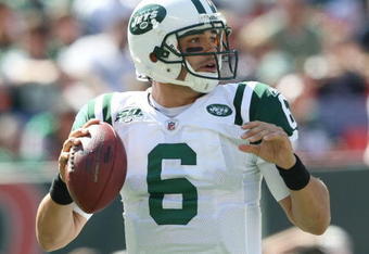 EAST RUTHERFORD, NJ - SEPTEMBER 20:  Mark Sanchez #6 of the New York Jets drops back to pass against the New England Patriots at Giants Stadium on September 20, 2009 in East Rutherford, New Jersey.  (Photo by Nick Laham/Getty Images)