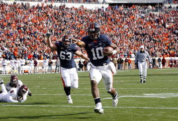 CHARLOTTESVILLE, VA - NOVEMBER 24: Jameel Sewell #10 of the Virginia Cavaliers runs the ball during the game against the Virginia Tech Hokies at Scott Stadium on November 24, 2007 in Charlottesville, Virginia. (Photo by Kevin C. Cox/Getty Images) 
