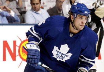 TORONTO - SEPTEMBER 22:  Viktor Stahlberg #45 of the Toronto Maple Leafs skates against the Pittsburgh Penguins during a pre-season  NHL game at the Air Canada Centre on September 22, 2009 in Toronto, Ontario, Canada .  (Photo by Abelimages/Getty Images) 